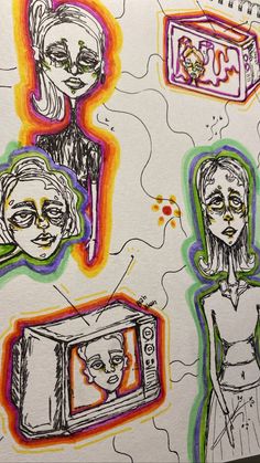 a drawing of three women and a microwave on a sheet of paper with colored ink