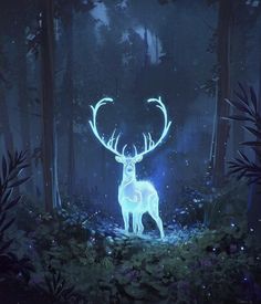 a deer standing in the middle of a forest with glowing antlers on it's back