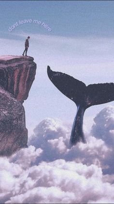 a man standing on top of a cliff next to a whale tail