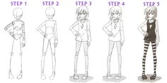 the steps to drawing an anime character with different poses and body shapes for each character