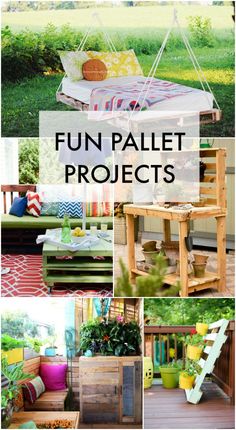 some wooden pallet projects with text overlay that reads fun pallet projects