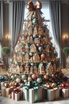 a decorated christmas tree with presents under it