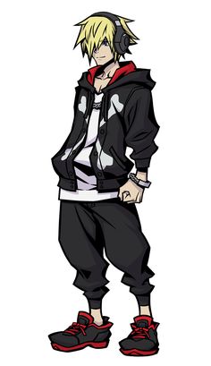 an anime character with headphones on and wearing black pants, white shirt and red shoes