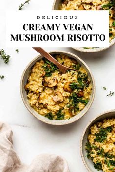 two bowls filled with creamy vegan mushroom risotto on top of a white table