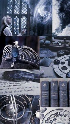 a collage of photos with books, rings and other things in them on the table