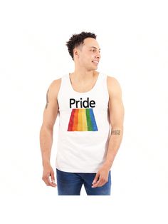 Gay Rainbow Pride Flag LGBTQ Rights Tank Top T Shirts Men Women White Casual  Sleeveless Fabric Graphic,Letter,Striped  Medium Stretch Spring/Summer/Fall Men Clothing, size features are:Bust: ,Length: ,Sleeve Length: White Sleeveless Tank Top With Letter Print, White Summer Vest With Letter Print, Summer White Vest With Letter Print, White Tank Tee With Letter Print, White Muscle Tee With Letter Print, White Letter Print Muscle Tank Tee, White Sleeveless T-shirt With Letter Print, White Cotton Tops For Pride Festival, White Cotton Top For Pride