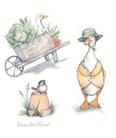 three watercolor paintings of ducks and farm equipment