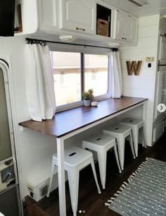 a table with four stools in front of a window