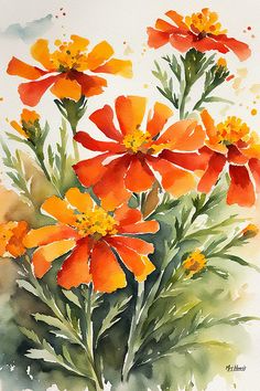 watercolor painting of orange flowers on white paper