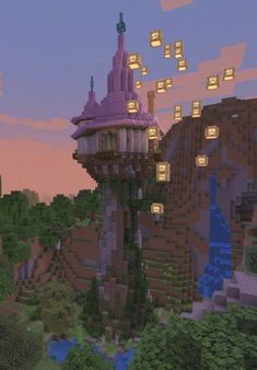 rapunzel Cute Vanilla Minecraft Builds, Cottage Core Minecraft House Vanilla, Heart Lake Minecraft, Minecraft Crop Ideas, Tangled Tower Minecraft, Tangled Minecraft, Huge Minecraft Builds, Blue House Minecraft, Minecraft Pink Castle