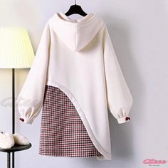 Qteee - Timeless Plaid Hooded Sweatshirt Dress with Vintage Deer Graphic White Long Sleeve Hoodie With Patchwork, White Patchwork Hoodie For Winter, White Winter Hoodie With Patchwork, White Patchwork Hoodie, Deer Graphic, Hooded Sweatshirt Dress, Vintage Deer, Canvas Crossbody Bag, Winter Color