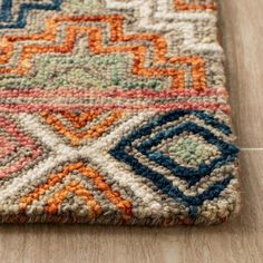 a multicolored area rug on the floor