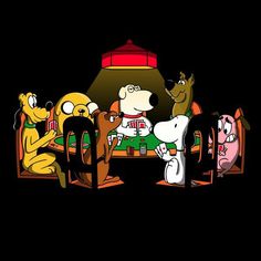 cartoon characters sitting around a table with food and drinks in front of them on a black background