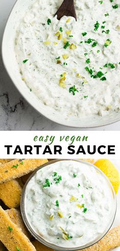 two pictures with different types of food in them and the words easy vegan tartar sauce