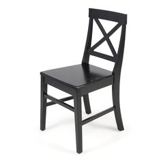 a black wooden chair on a white background with the seat up and one leg down