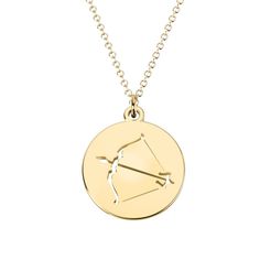 a gold necklace with an image of a person holding a bow and arrow on it