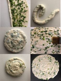 the process of making an appetizing dish is shown in four different stages, including dough and sprinkles