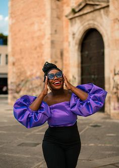 The "Desiree" Purple Puff Sleeve Off-the-Shoulder Crop Top - Danielle Emon Puff Sleeves Top, Shade Of Purple, Balloon Skirt, Peplum Styles, Small Crop Tops, Purple Top, Shoulder Crop Top, Shades Of Purple, Puff Sleeves