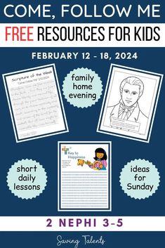 a poster with the words come follow me, free resources for kids in blue and white