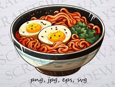 a bowl of noodles with eggs and parsley on top, in front of a piece of lined paper