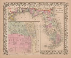 an old map of florida and the adjacent part of the island, with its roads