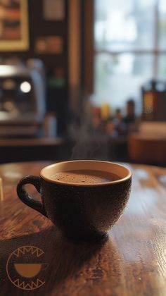 a cup of coffee sitting on top of a wooden table