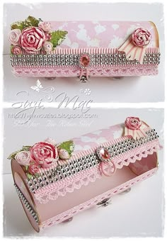 two pictures of pink and white boxes with roses on them, one is open to show the inside