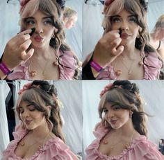 four pictures of a woman doing makeup