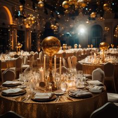 a table set up for a formal event with gold and white decorations, candles and plates