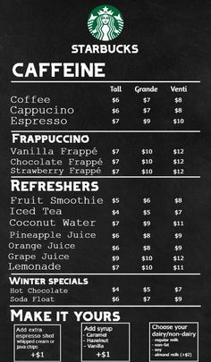 the starbucks menu is shown on a blackboard