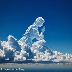 an image of a woman sitting on top of a cloud in the sky with her hands up to her face