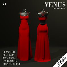 the dress is red and has black details on it, as well as text that reads venus by regalia