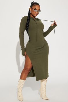 Available In Pink And Olive. Hooded Midi Dress Long Sleeves Thumbholes Stretch Length=47" 94% Polyester 6% Spandex Imported | Becky Hooded Midi Dress in Olive Green size Large by Fashion Nova 3x Fashion, Olive Fashion, Dress Long Sleeves, Pink Midi Dress, Long Sleeve Midi Dress, Dress Long, Pink Fashion, Fleece Hoodie, Fashion Nova