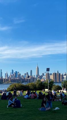 many people are sitting on the grass in front of a cityscape and water