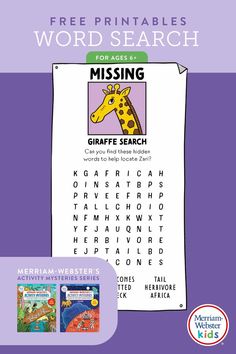 Screenshot of a word search from the Merriam-Webster Activity Mysteries Book "Please Don't Laugh, We Lost a Giraffe!" Free Word Search, Hidden Words, Free Word