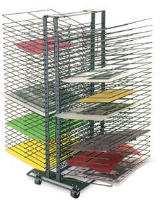 a metal rack with five trays on wheels