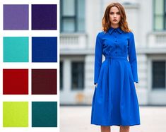 Royal Blue Dress, Elegant Shirt Dress, Long Sleeve DressBright blue dress with collar and front buttons➤ Features> Dress length: 107 cm (42,12'')> Stand up collar> Long sleeves> Lining in skirt part> Zipper on the side> Front buttons> Separated belt➤ SizingMy Size Guide in FAQ section below will help you define the perfect size match. The item can also be made according to your measurements – just message them to me. ➤ DeliveryYour item is made-to-order and will be ready wit Blue Winter Office Dress, Blue Office Dress For Winter, Blue Button-up Dress For Office, Blue Collared Office Dress, Blue Long Sleeve Dress With Buttons, Fitted Blue Shirt Dress For Fall, Blue Fitted Shirt Dress For Work, Blue Knee-length Shirt Dress, Blue Knee-length Shirt Dress With Buttons