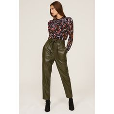 Green faux leather (100% Polyurethane). Trousers. Front zipper fly with button closure. 40.5" from waist to hemline. 27" inseam. Imported. Fall Leather Pants With Belt Loops For Office, Fall Faux Leather Bottoms With Belt Loops, Faux Leather Bottoms With Belt Loops For Fall, Leather Trousers With Belt Loops For Fall, Trendy Faux Leather Pants For Business Casual, Trendy Faux Leather Business Casual Pants, Fall Leather Pants With Belt Loops, Leather Pants For Fall Party, Casual Faux Leather Pants For Office