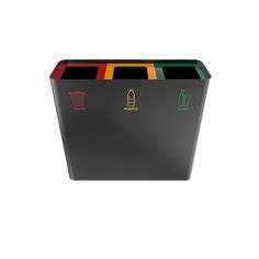 a black trash can with four different colored bins on the side and one empty