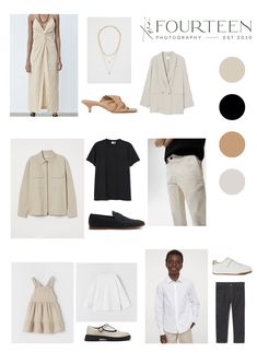 an assortment of clothing and shoes for women in neutral colors, including black, white, beige