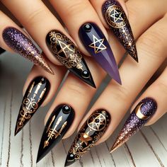 Channel your inner witch with these stunning gothic-inspired stiletto nails! Featuring intricate gold pentagrams, moons, and mystical symbols against deep black and purple backgrounds, this manicure is perfect for those who love a dark and magical aesthetic. Glittery accents and bold details add a glamorous touch, making these nails ideal for Halloween or anytime you're feeling enchanted and mysterious. #GothicNails #MysticalNails #PentagramNails #StilettoNails #HalloweenNails #DarkNails #GlamNails #WitchyNails #NailArt Witchy Nails Black, Pentagram Nails, Nails Black And Purple, Mystical Nails, Purple Pentagram, Black And Purple Background, Gothic Nail Art, Magical Aesthetic, Mystical Symbols