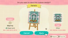 an animal crossing game screen with the letter e on it's easel and other items