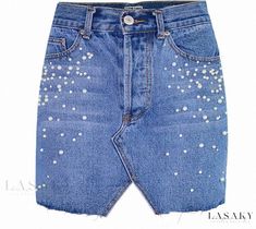 Lasaky - High-waisted Buttoned Trim Denim Mini Skirt with Embellished Pearl and Rhinestone Studs Denim Skirts Online, Denim Wrap Skirt, Denim Button Skirt, Skirts Casual, Short Pollera, Womens Denim Skirts, Pearl Beading, Denim Skirt Women, Denim Pencil Skirt