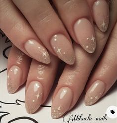 Minimal Star Nail Art, Oval Star Nails, Star Gel Nail Designs, Nude Nails Bridesmaid, Minimal Sparkle Nails, Shiny Star Nails, Short Almond Nails Stars, Wedding Nails Stars, Star Tip Nails