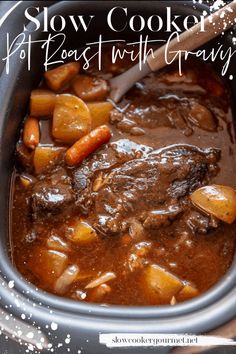 slow cooker pot roast with gravy in the crockpot is ready to be eaten