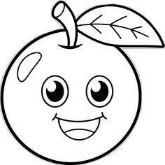 an apple with eyes and a leaf on it's head, outlined in black and white