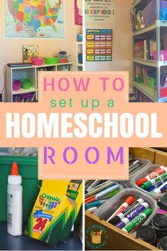 several pictures with the words how to set up a homeschool room in them