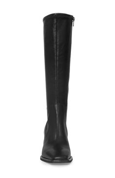 A flared block heel and square toe bolster the modern sophistication of a sleek leather boot in a knee-high silhouette. 2 3/4" heel 15 3/4" shaft Leather upper and lining/synthetic sole Imported Modern Leather Knee-high Boots With Block Heel, Tall Leather Mid-calf Boots With Medium Width, Leather Mid-calf Boots With Medium Width, Leather Mid-calf Boots Medium Width Tall, Mid-calf Leather Boots With Medium Width, Sleek Leather Knee-high Boots With Block Heel, Medium Width Leather Knee-high Boots, Modern Leather Knee-high Boots With Stacked Heel, Wide Calf Leather Knee-high Boots