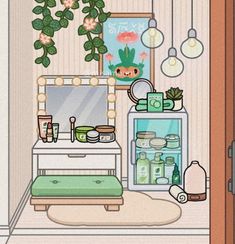 an illustration of a room with plants and other things on the shelves in front of it