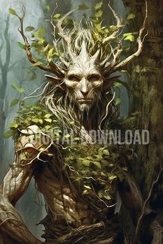 an image of a man with long hair and horns on his head in the woods